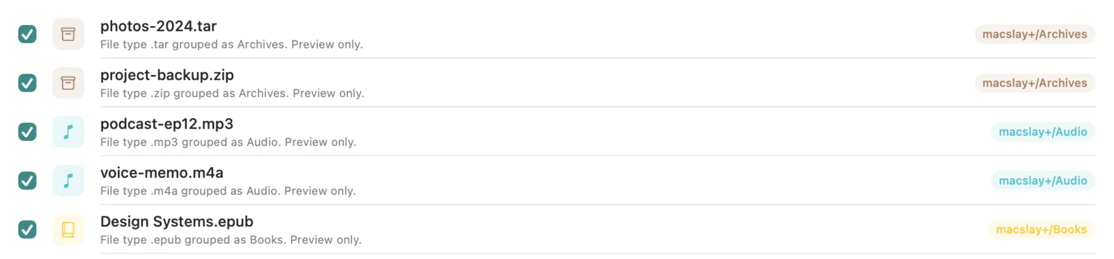 Files in the plan, each ticked to move into its macslay+ folder