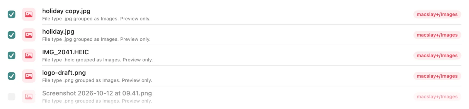 Image files in the plan with one left out: its tick is cleared, so it stays where it is